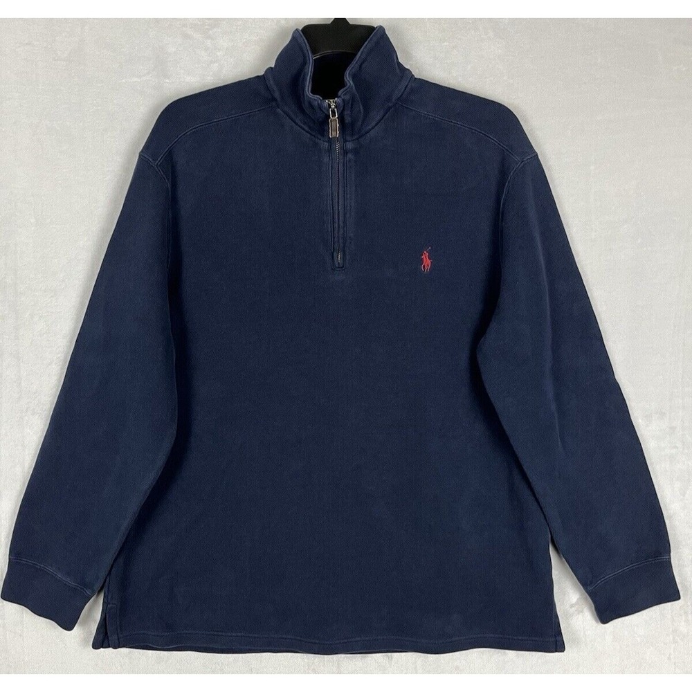 POLO RALPH LAUREN Sweater Men XL Faded Navy 1/4 Zip Side Slit Red Pony Rib Cuff